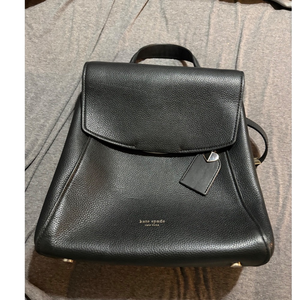 Kate Spade New York Black Pebbled Leather Flap Backpack Gold Hardware Heart Bag